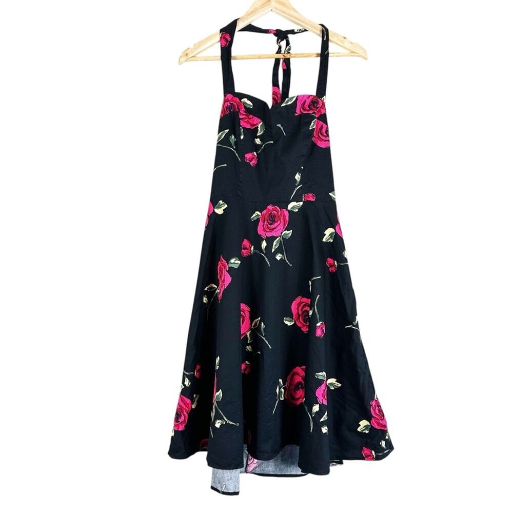 Topdress Womens L Black Floral Halter Fit & Flare Dress Retro Rockabilly Pinup